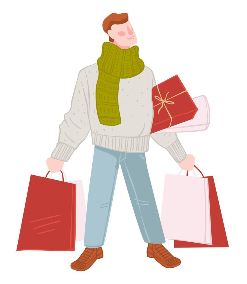 inverno shopping stagione, uomo con borse e regali vettore