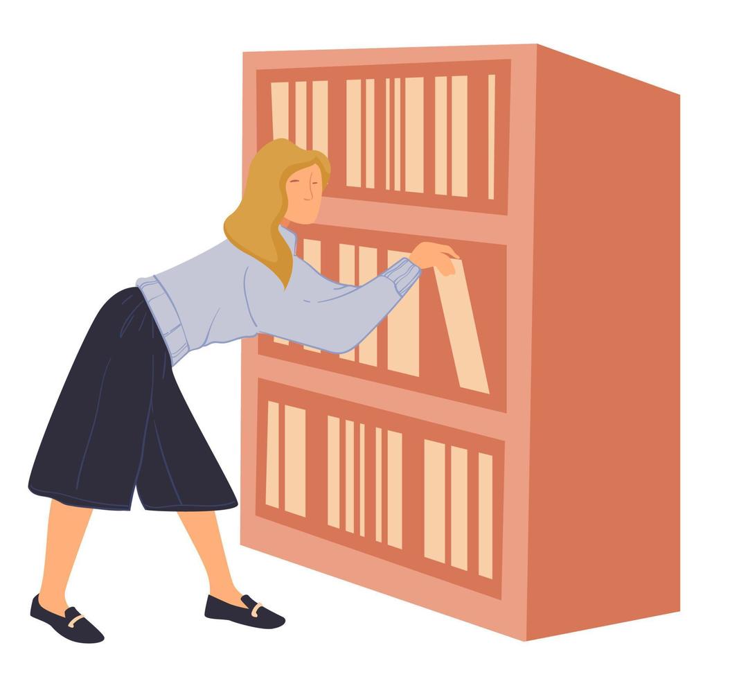 donna raggiungendo libri su mensola nel biblioteca o negozio vettore