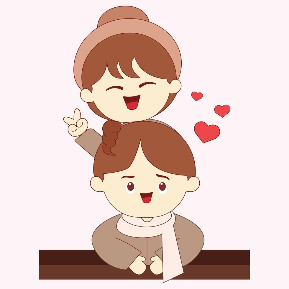 illustrazione di carino coppia di Gli amanti cartone animato personaggio con carino foto posa su San Valentino giorno vettore