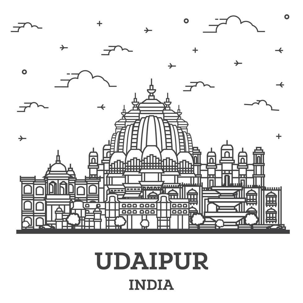 schema Udaipur India città orizzonte con storico edifici isolato su bianca. vettore
