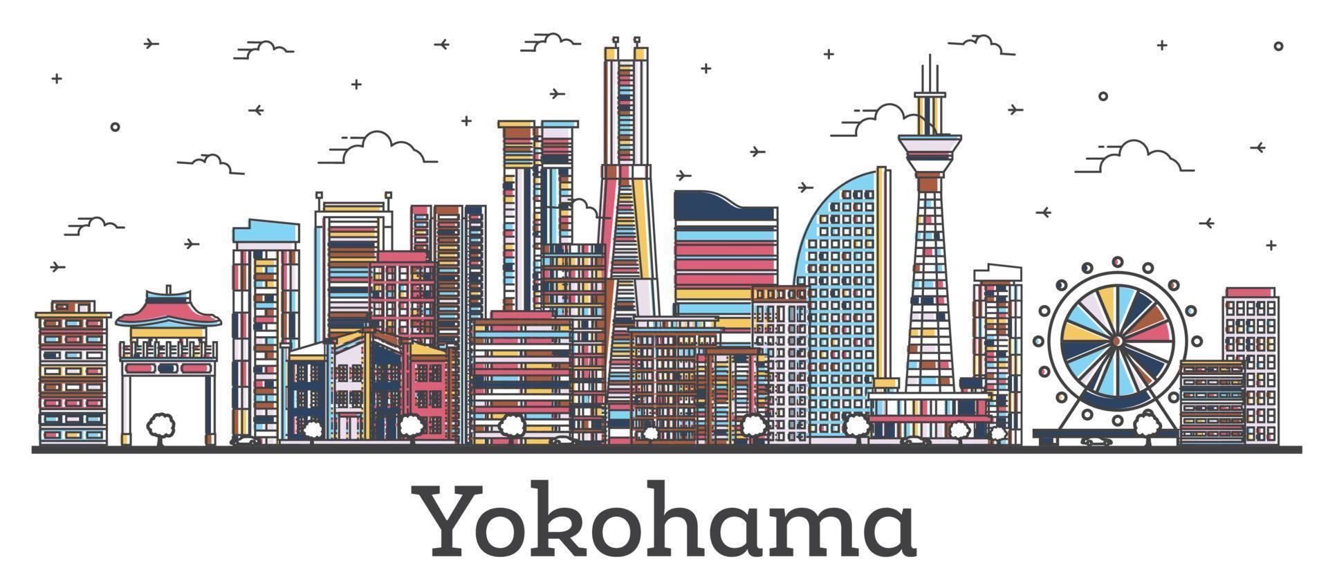 schema Yokohama Giappone città orizzonte con moderno colorato edifici isolato su bianca. vettore