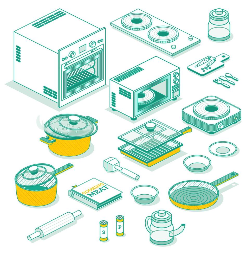 isometrico impostato di cucina utensili isolato su bianca. schema icone. vettore