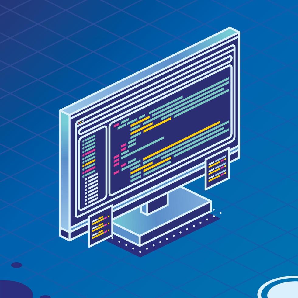 isometrico pc computer monoblocco con del programma codice e Due adesivi. vettore