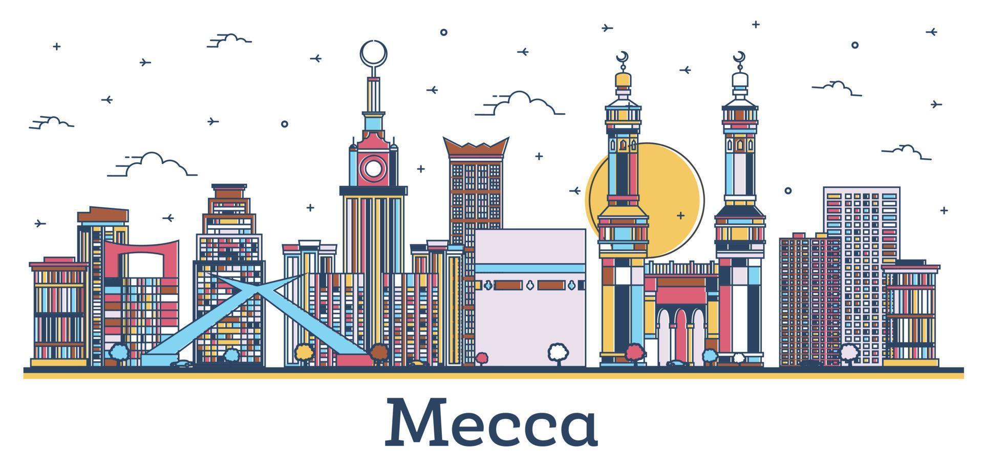 schema mecca Arabia arabia città orizzonte con colorato storico edifici isolato su bianca. vettore