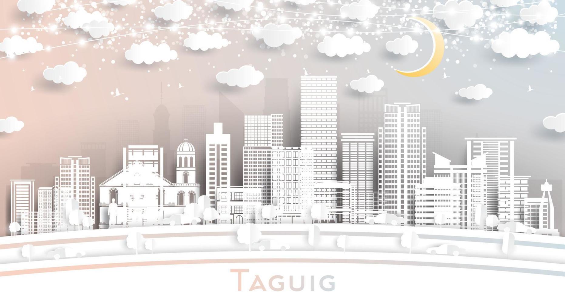 taguig Filippine città orizzonte nel carta tagliare stile con bianca edifici, Luna e neon ghirlanda. vettore