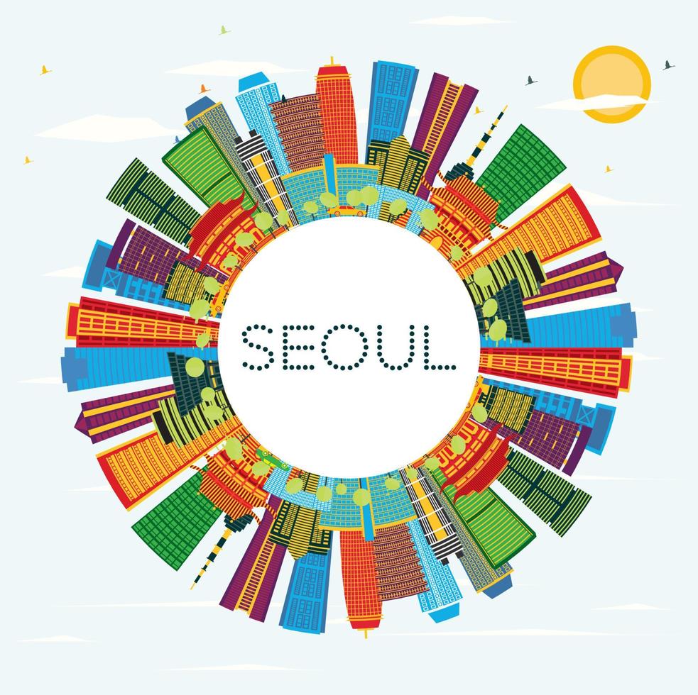 Seoul Sud Corea città orizzonte con colore edifici, blu cielo e copia spazio. vettore