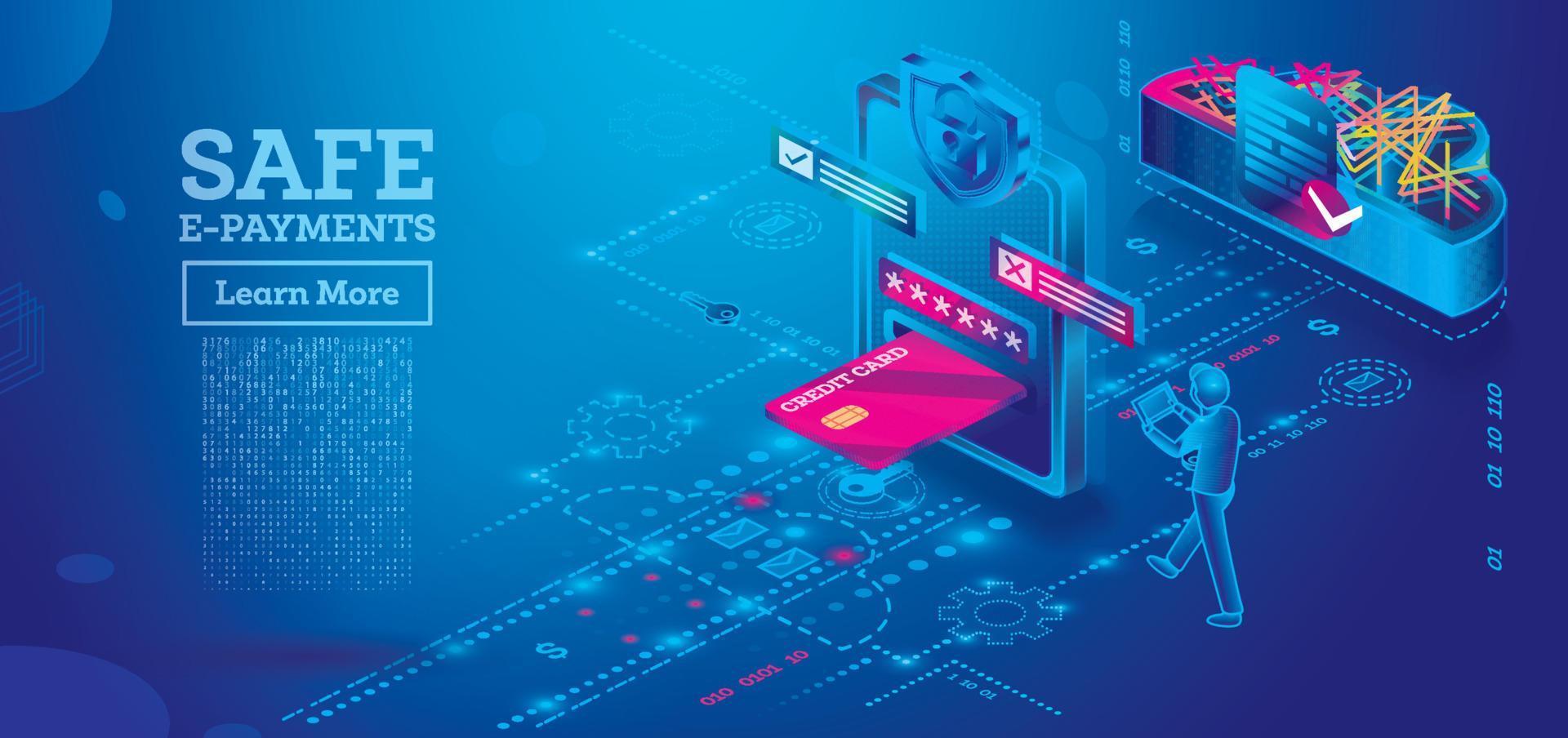 sicuro pagamenti elettronici su smartphone o tavoletta computer. informatica sicurezza. nube tecnologia. vettore