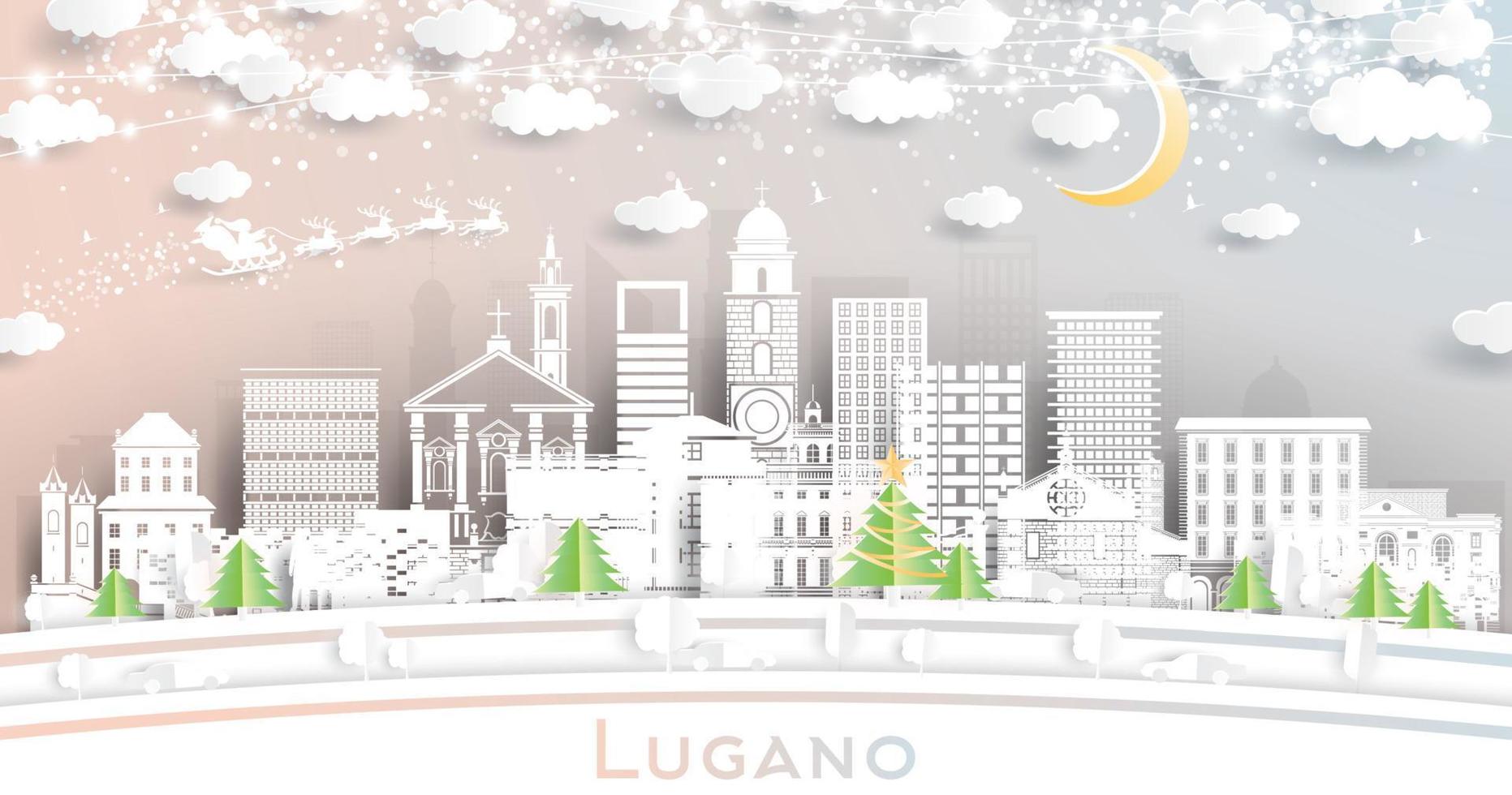 lugano Svizzera città orizzonte nel carta tagliare stile con fiocchi di neve, Luna e neon ghirlanda. vettore