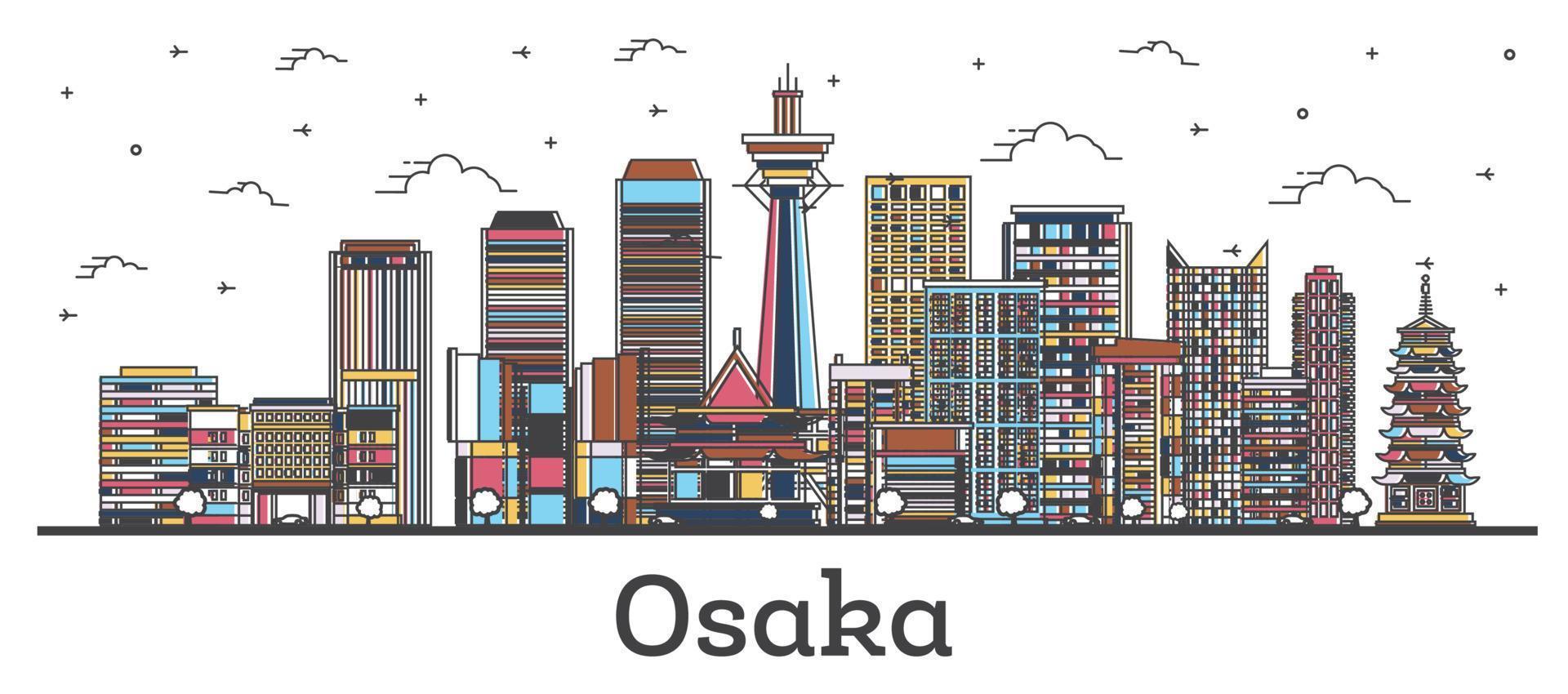 schema osaka Giappone città orizzonte con colorato edifici isolato su bianca. vettore
