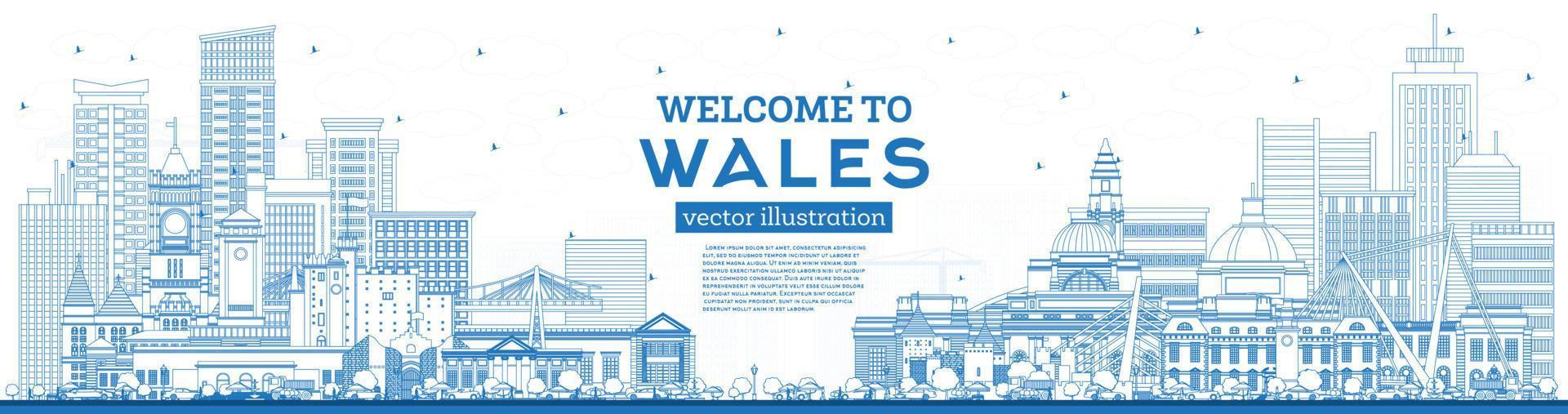 schema benvenuto per Galles città orizzonte con blu edifici. vettore