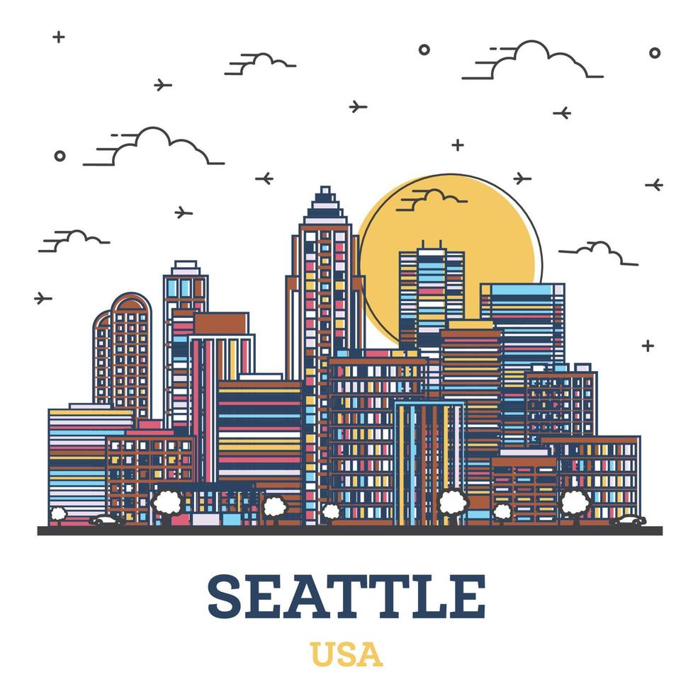 schema Seattle Washington Stati Uniti d'America città orizzonte con colore edifici isolato su bianca. vettore