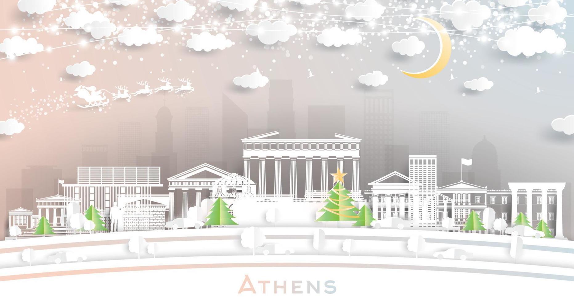 Atene Grecia. inverno città orizzonte nel carta tagliare stile con fiocchi di neve, Luna e neon ghirlanda. vettore