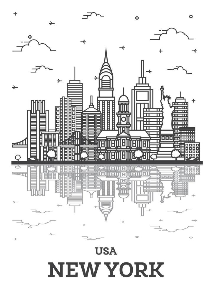 schema nuovo York Stati Uniti d'America città orizzonte con moderno edifici e riflessi isolato su bianca. vettore