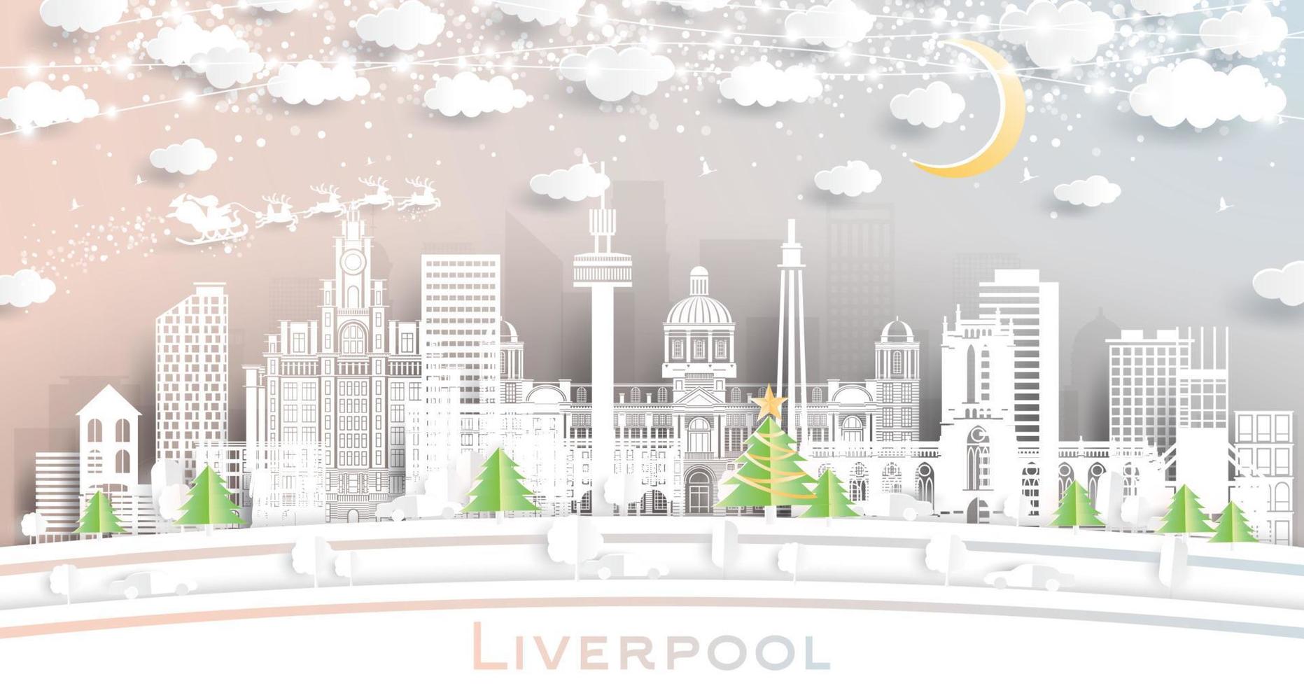 Liverpool UK città orizzonte nel carta tagliare stile con fiocchi di neve, Luna e neon ghirlanda. vettore