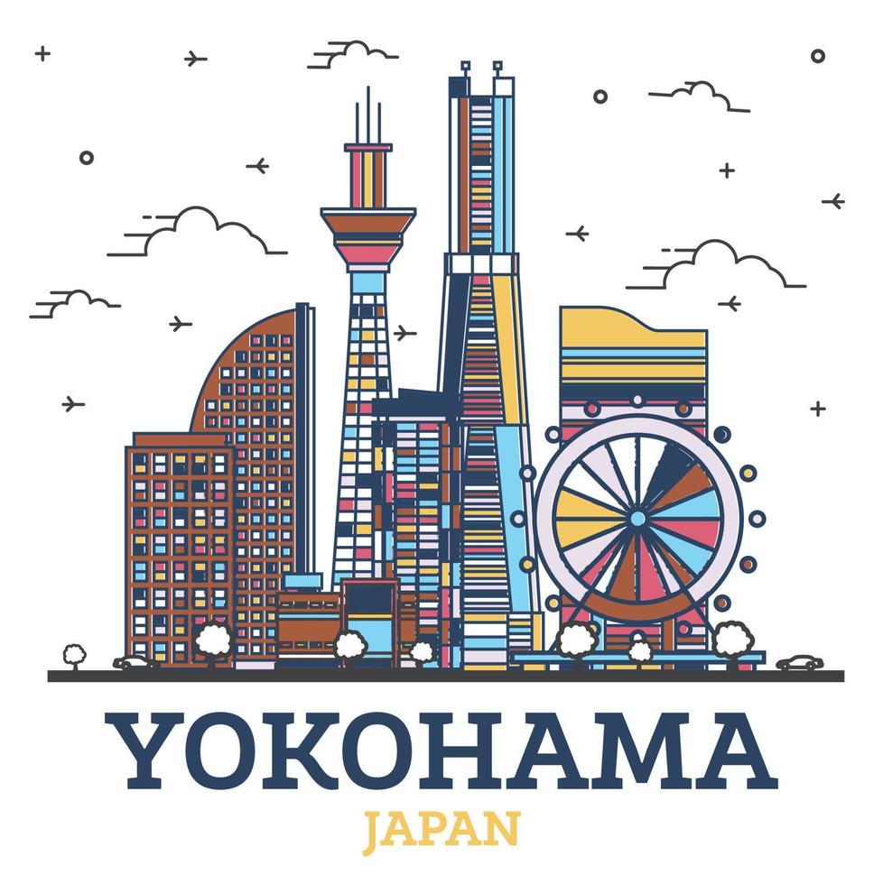 schema Yokohama Giappone città orizzonte con moderno colorato edifici isolato su bianca. vettore