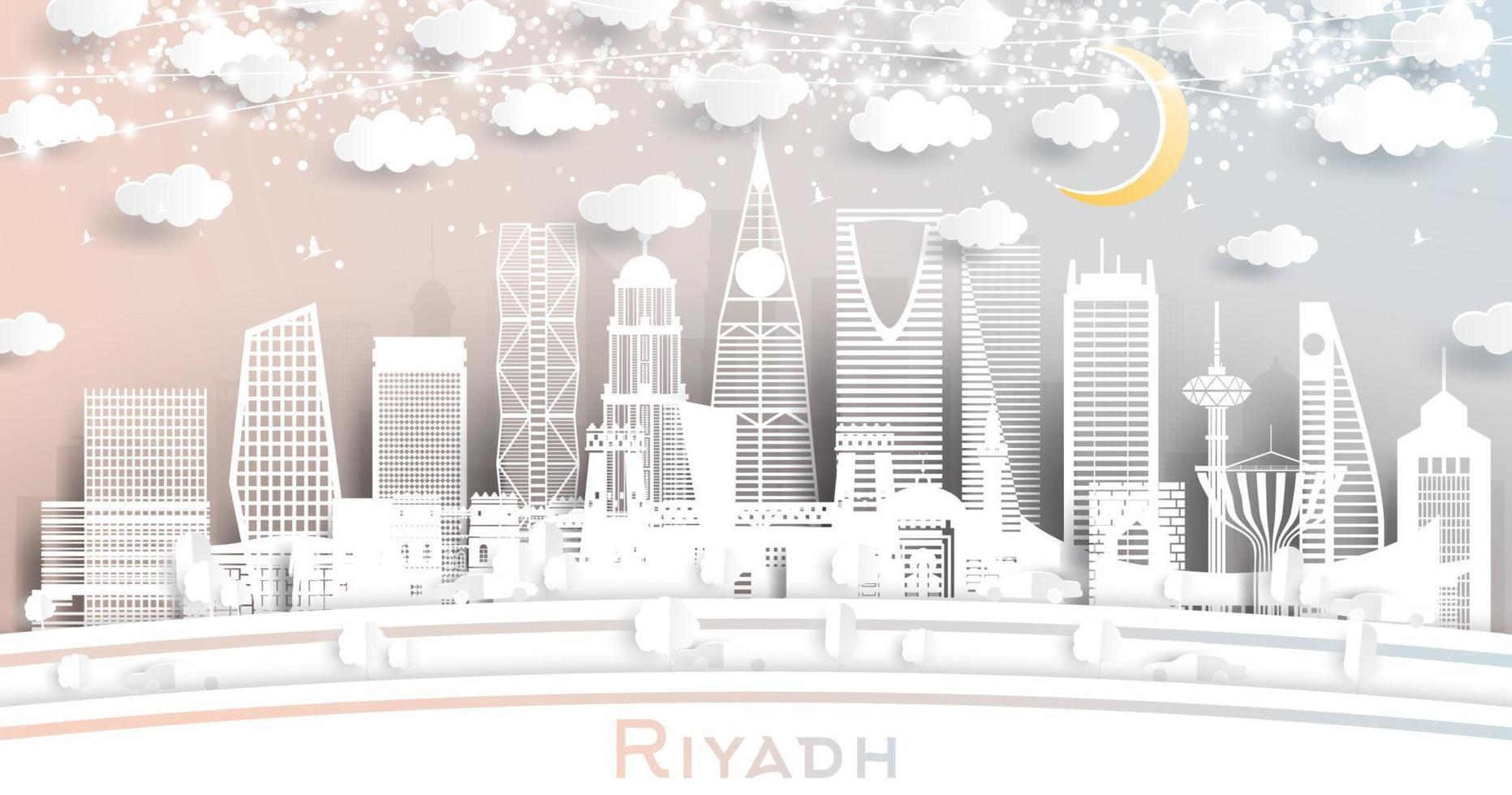 riyadh Arabia arabia città orizzonte nel carta tagliare stile con bianca edifici, Luna e neon ghirlanda. vettore