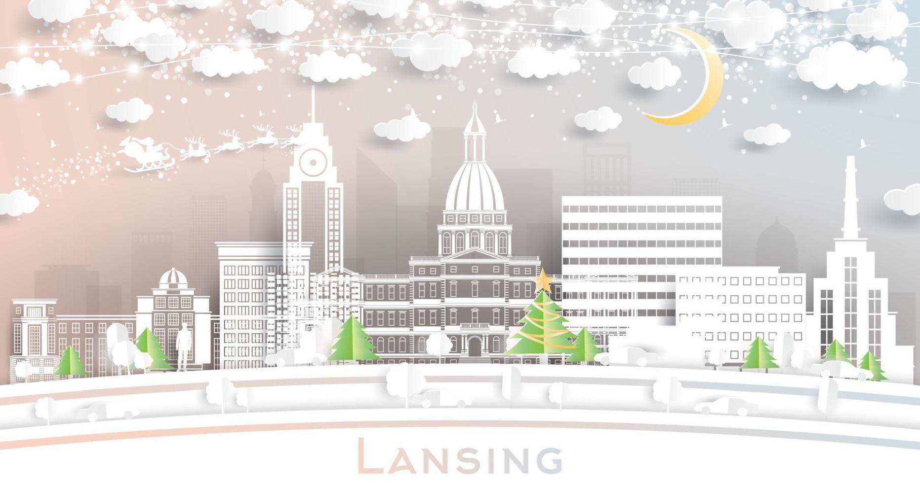 lansing Michigan città orizzonte nel carta tagliare stile con fiocchi di neve, Luna e neon ghirlanda. vettore