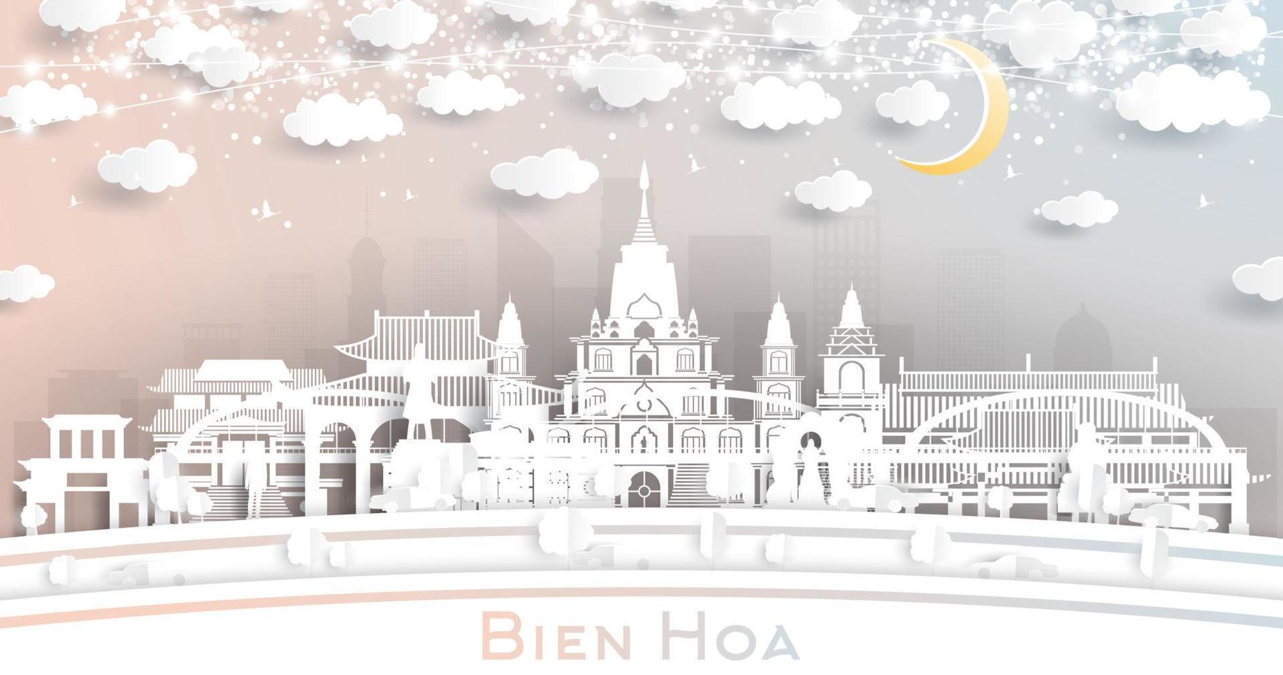 bien hoa Vietnam città orizzonte nel carta tagliare stile con bianca edifici, Luna e neon ghirlanda. vettore