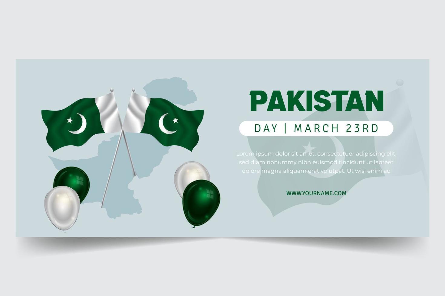 Pakistan giorno marzo 3 ° orizzontale bandiera con bandiera palloncini e carta geografica illustrazione su isolato sfondo vettore