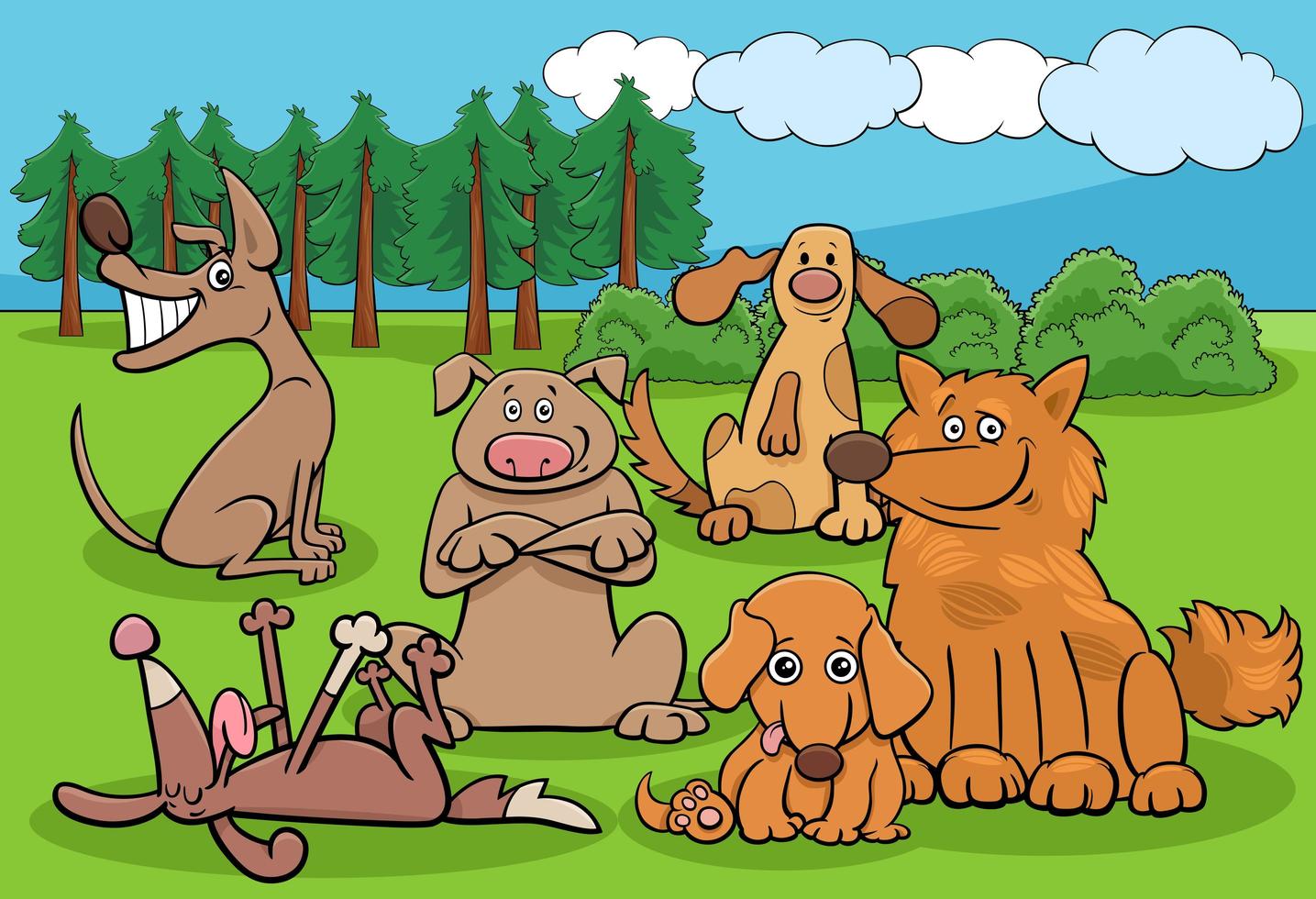 gruppo di personaggi divertenti di cani dei cartoni animati nel parco vettore