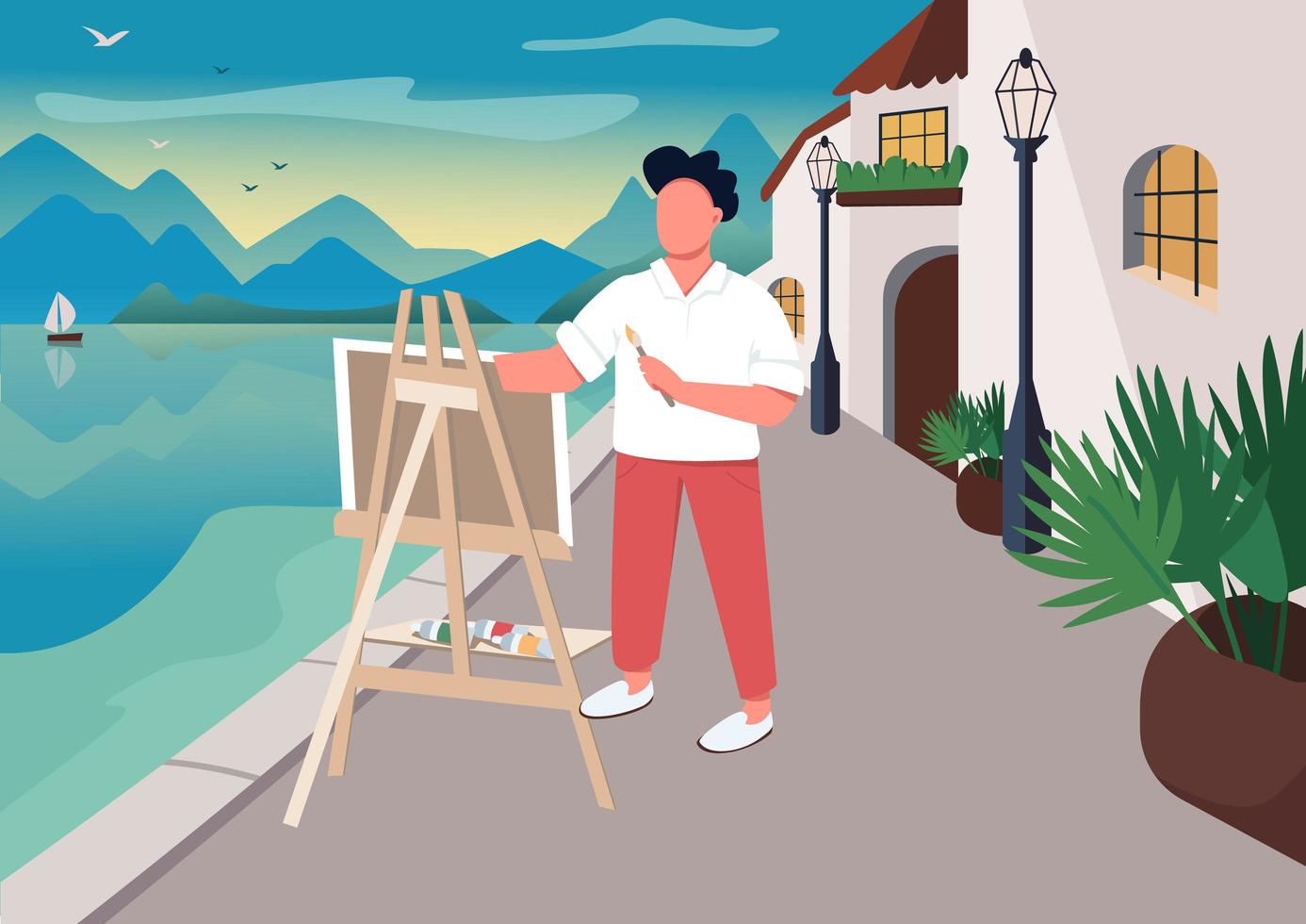 pittura dell'artista in riva al mare vettore