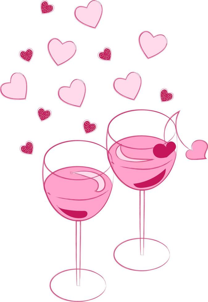 mano disegnato paio di vino bicchieri con bevanda San Valentino giorno a tema con cuori e ciliegie vettore