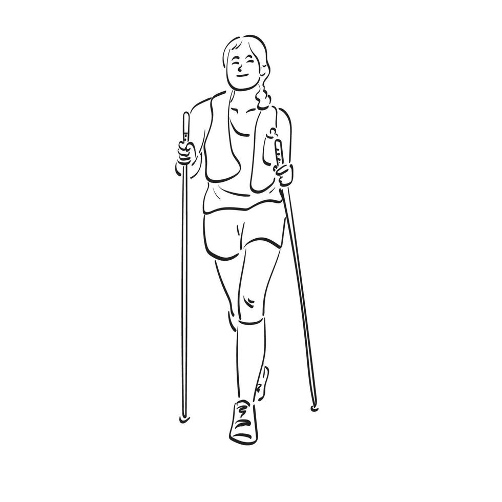 linea arte donna utilizzando escursioni a piedi sondaggio per camminare illustrazione vettore mano disegnato isolato su bianca backgroun