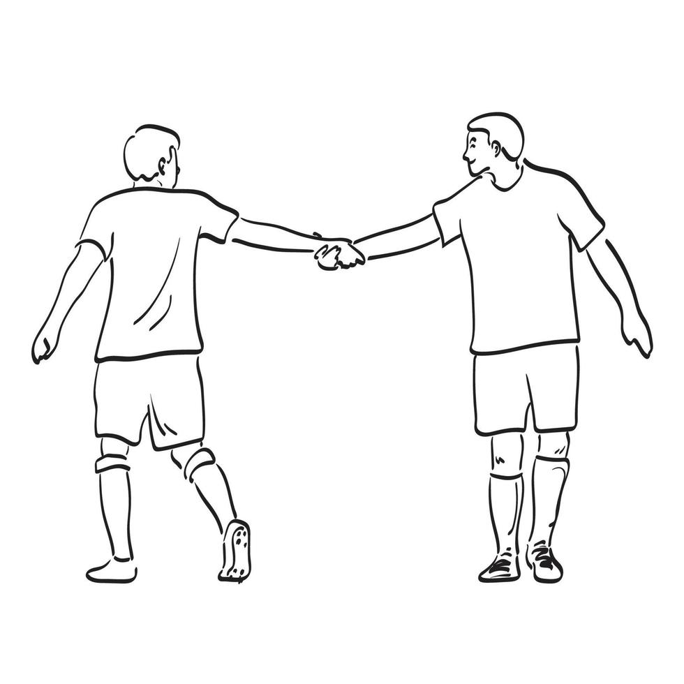 linea arte pieno lunghezza di calcio giocatore con stretta di mano dopo incontro illustrazione vettore mano disegnato isolato su bianca sfondo