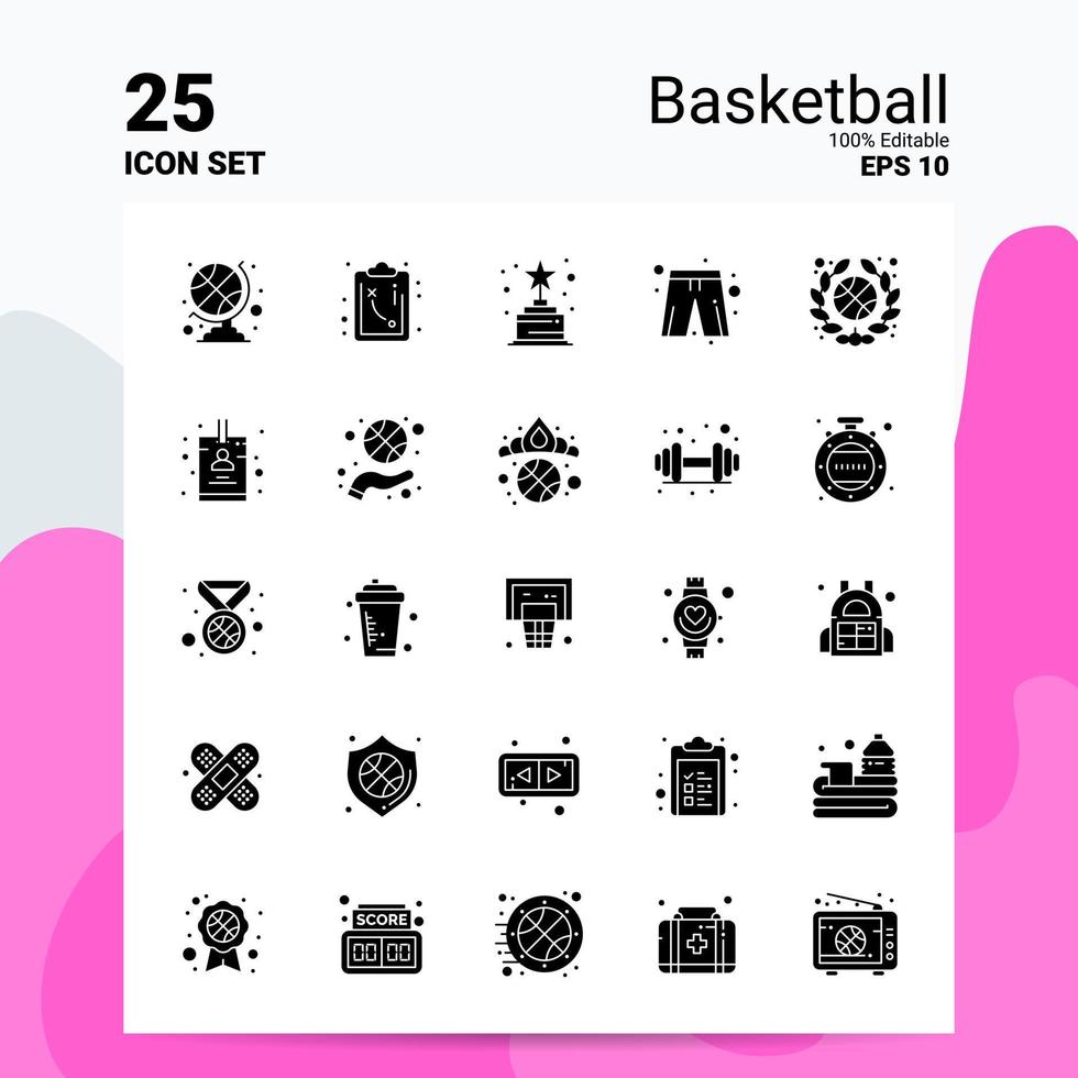 25 pallacanestro icona impostato 100 modificabile eps 10 File attività commerciale logo concetto idee solido glifo icona design vettore