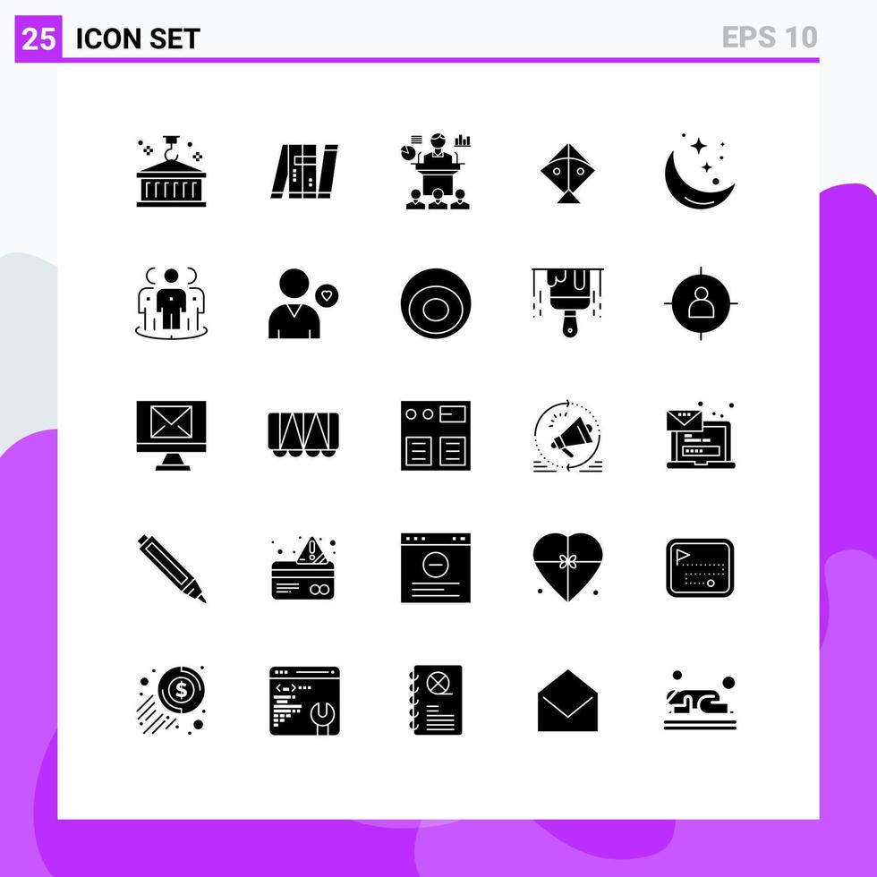 moderno impostato di 25 solido glifi pittogramma di volante aquilone intelligente seminario convenzione modificabile vettore design elementi