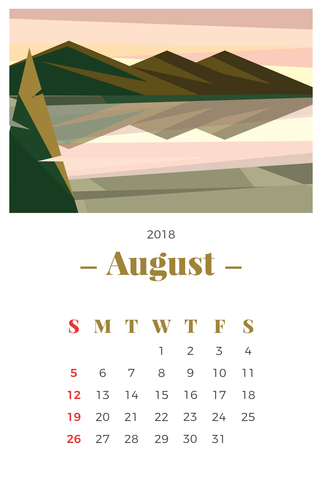 Agosto 2018 Paesaggio Calendario mensile vettore