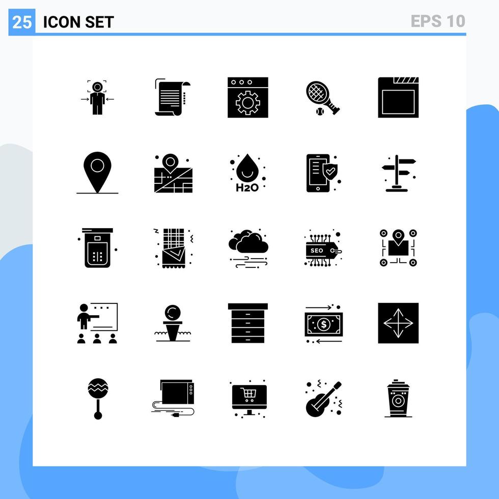 25 utente interfaccia solido glifo imballare di moderno segni e simboli di App tennis carta racchetta preferenze modificabile vettore design elementi