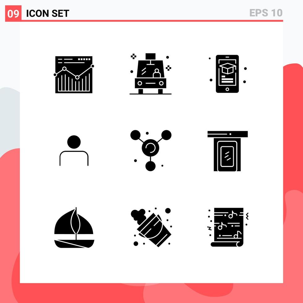 mobile interfaccia solido glifo impostato di 9 pittogrammi di atomo imposta formazione scolastica profilo instagram modificabile vettore design elementi