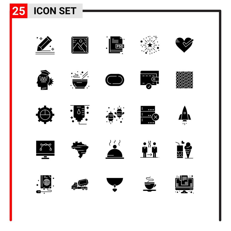 moderno impostato di 25 solido glifi pittogramma di cuore saluto creativo fuochi d'artificio file genere modificabile vettore design elementi