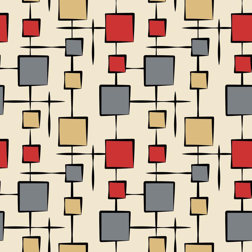 medio secolo moderno geometrico senza soluzione di continuità modello nel rosso e grigio colori su un' beige sfondo. 60s e 70s estetico stile per casa arredamento, tessile, sfondo e involucro carta vettore