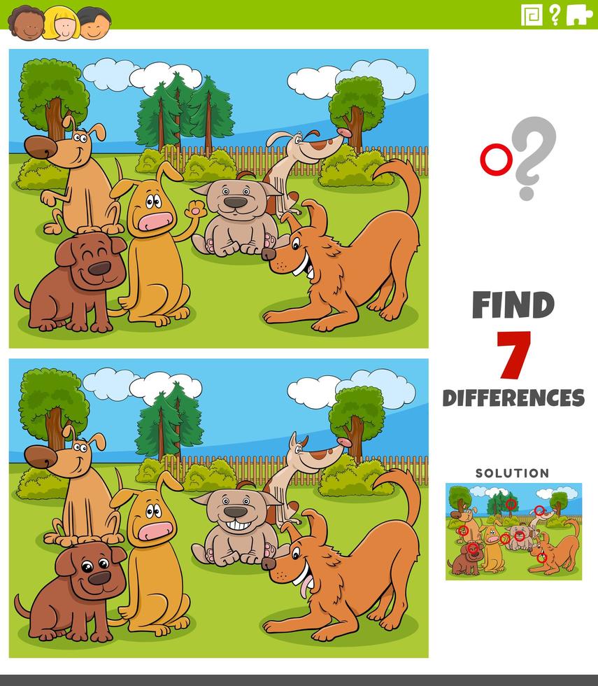 gioco di differenze con il gruppo di cani dei cartoni animati vettore