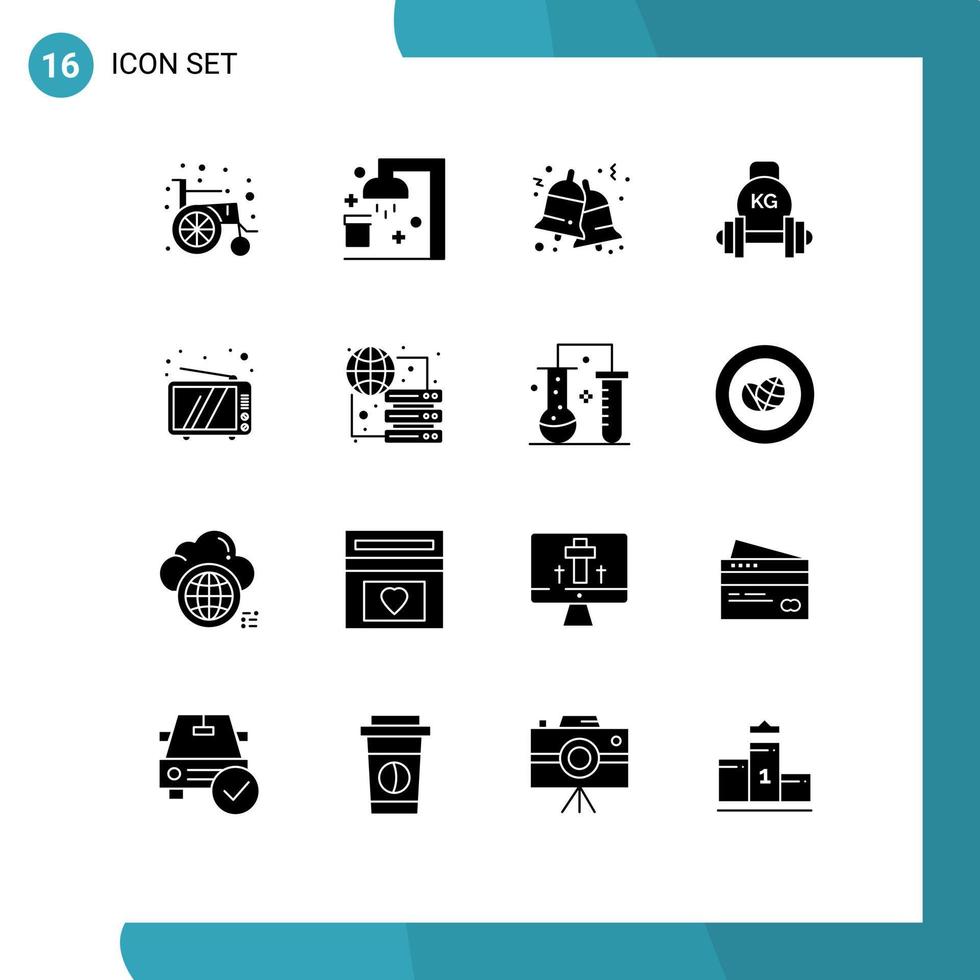 16 solido glifo concetto per siti web mobile e applicazioni televisione peso campane kettlebell manubrio modificabile vettore design elementi