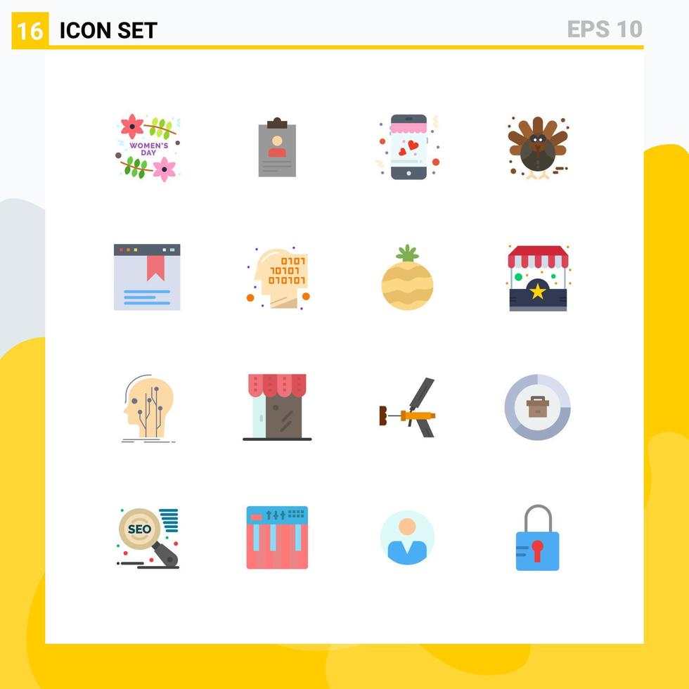 mobile interfaccia piatto colore impostato di 16 pittogrammi di pagina tacchino CV ringraziamento Mais modificabile imballare di creativo vettore design elementi