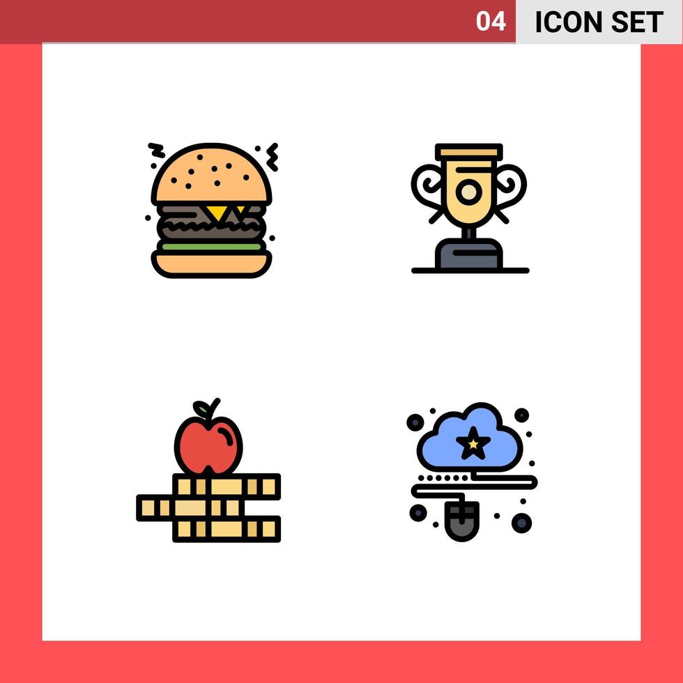 4 universale riga piena piatto colore segni simboli di hamburger nube formazione scolastica Mela dati modificabile vettore design elementi