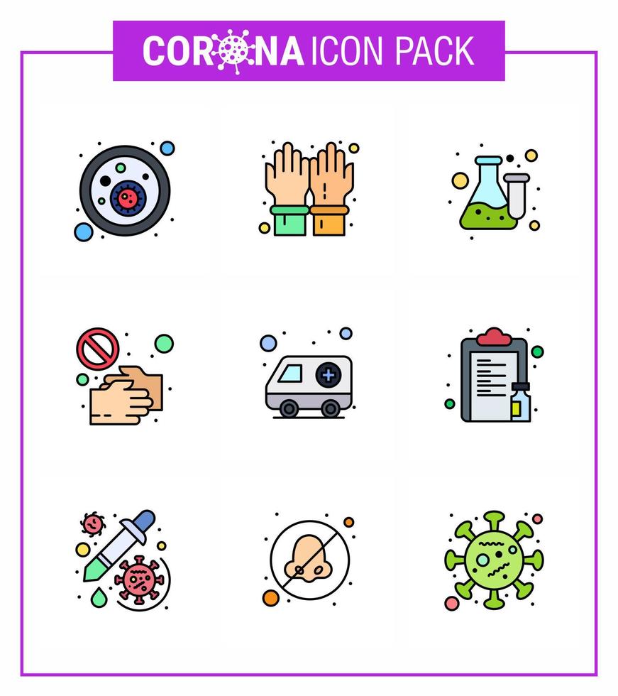 9 pieno linea piatto colore coronavirus epidemico icona imballare succhiare come shake mano no chimica mano test virale coronavirus 2019 nov malattia vettore design elementi