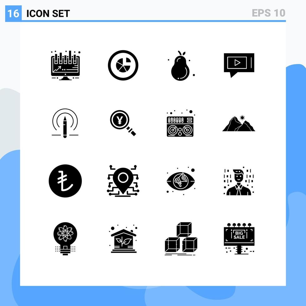 impostato di 16 vettore solido glifi su griglia per matita servizio alligatore Pera video Chiacchierare modificabile vettore design elementi