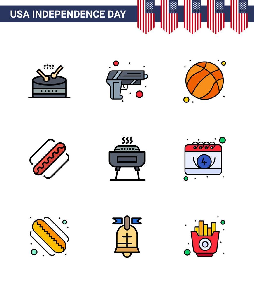 contento indipendenza giorno imballare di 9 piatto pieno Linee segni e simboli per celebrazione stati americano hot dog America modificabile Stati Uniti d'America giorno vettore design elementi