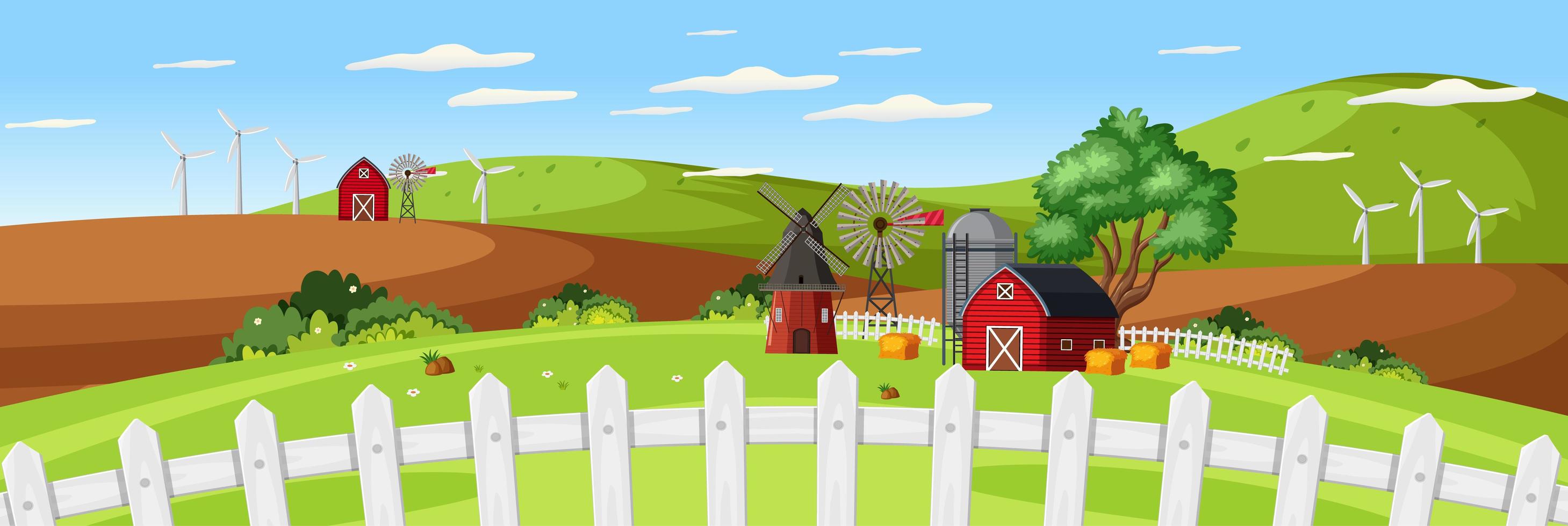 paesaggio agricolo con fienile rosso e recinzione da vicino nella stagione estiva vettore