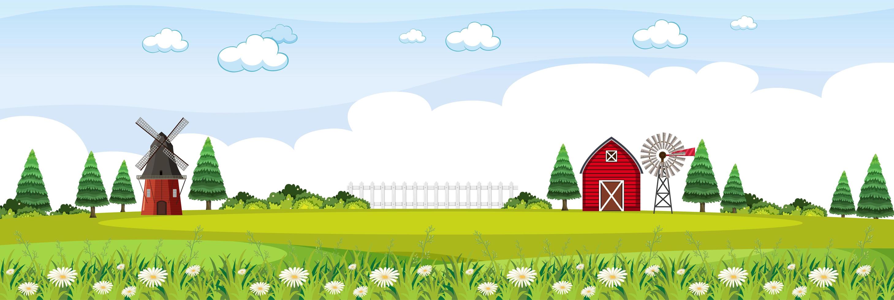 paesaggio agricolo con fienile rosso e mulino a vento nella stagione estiva vettore