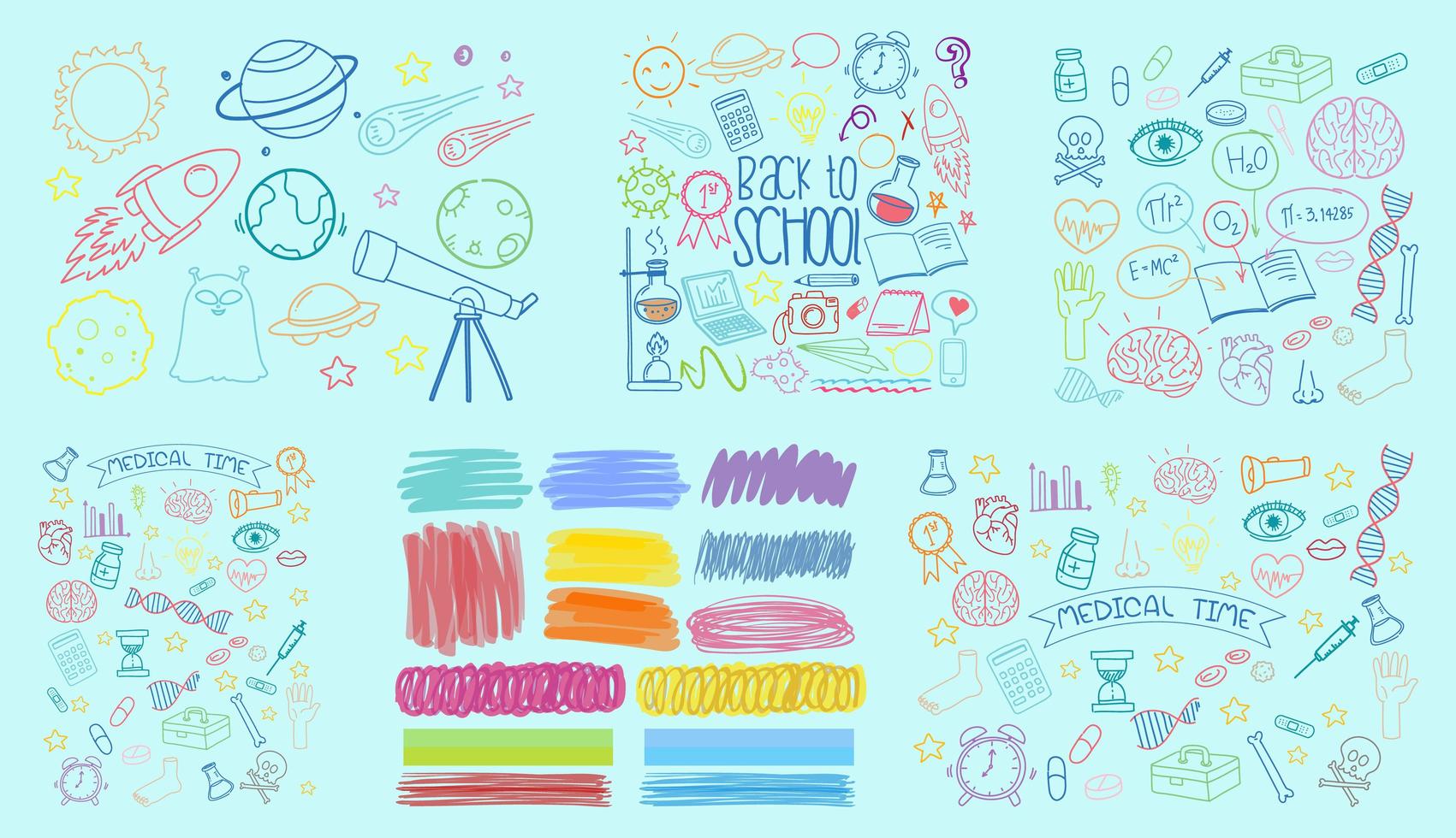 set di oggetti colorati e simboli disegnati a mano doodle vettore