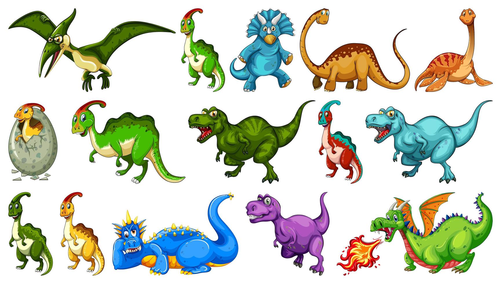 set di diversi personaggi dei cartoni animati di dinosauro vettore