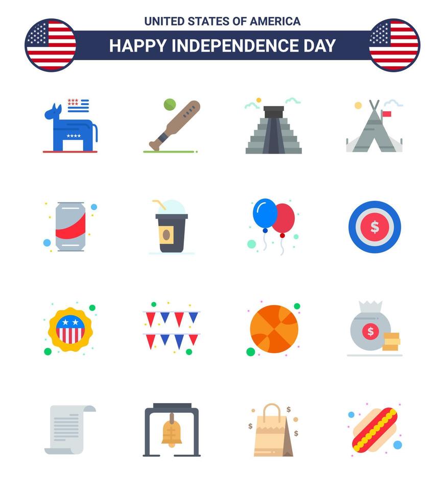 Stati Uniti d'America contento indipendenza pictogram impostato di 16 semplice appartamenti di birra campo Stati Uniti d'America tenda Stati Uniti d'America modificabile Stati Uniti d'America giorno vettore design elementi