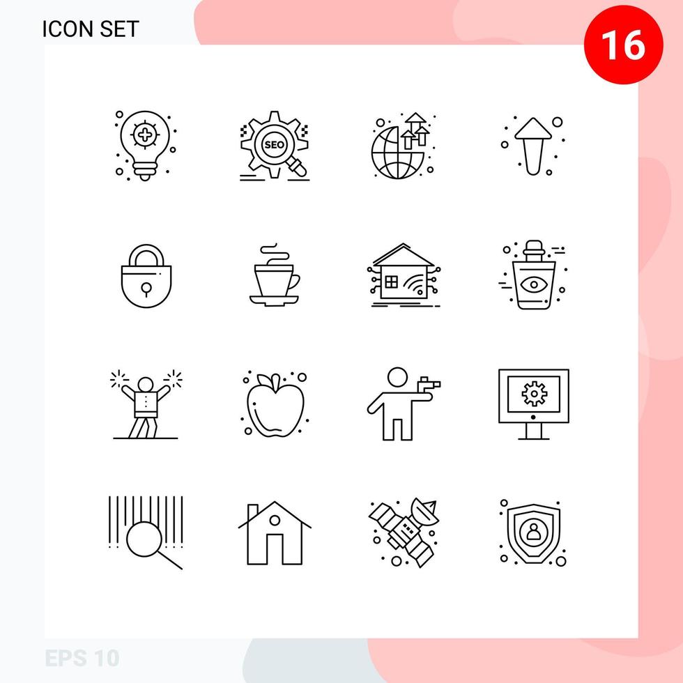 pittogramma impostato di 16 semplice lineamenti di serratura direzione globale su freccia modificabile vettore design elementi