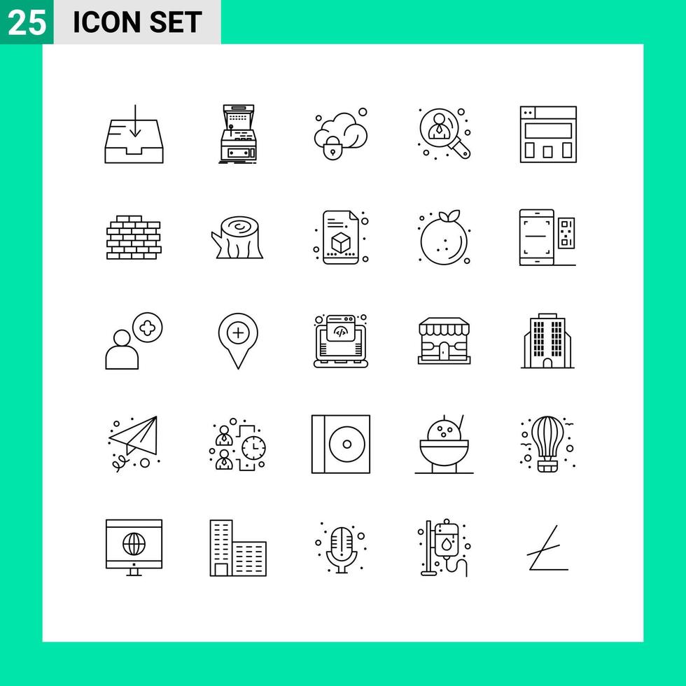 moderno impostato di 25 Linee e simboli come come disposizione ricerca dati utente attività commerciale modificabile vettore design elementi