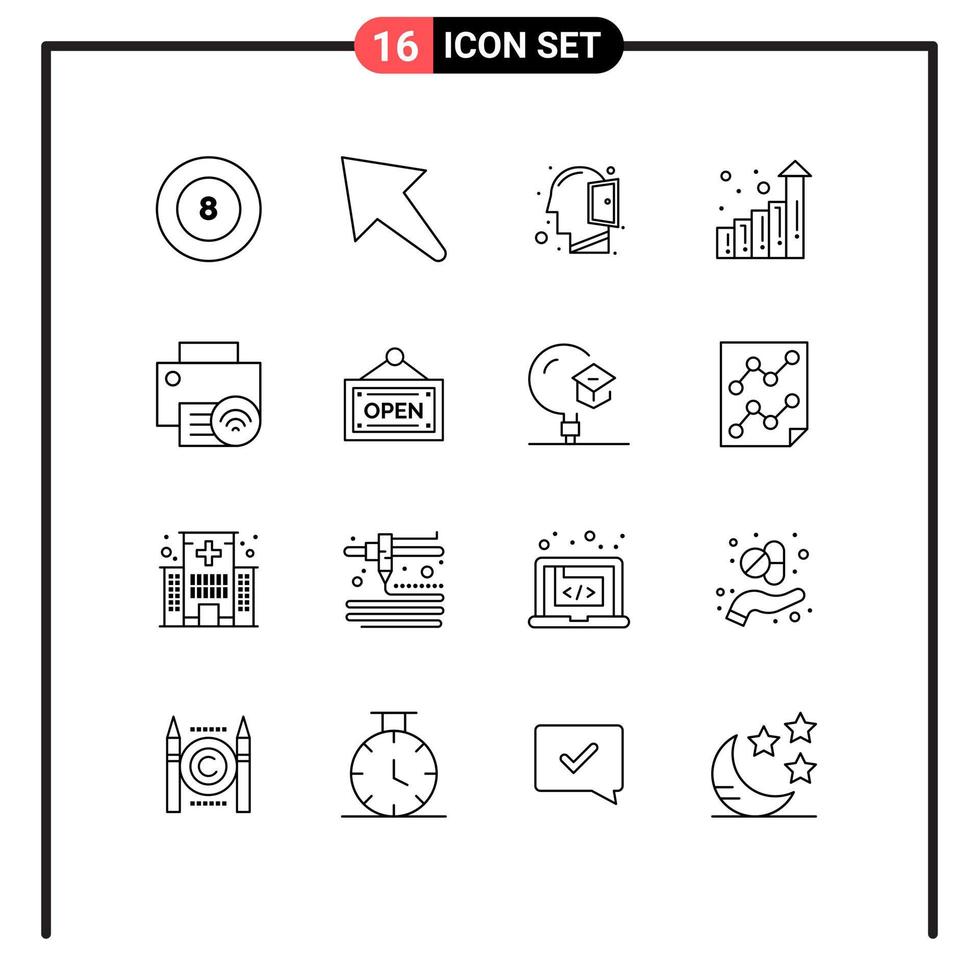 moderno impostato di 16 lineamenti pittogramma di stampante aggeggio Aperto mente dispositivi statistica modificabile vettore design elementi